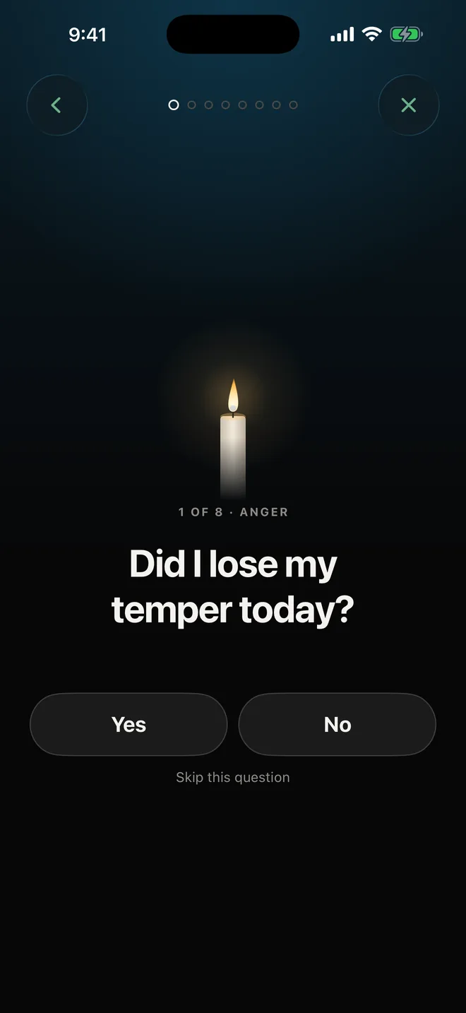 An examination question under a lit candle: Did I lose my temper today? with Yes and No.