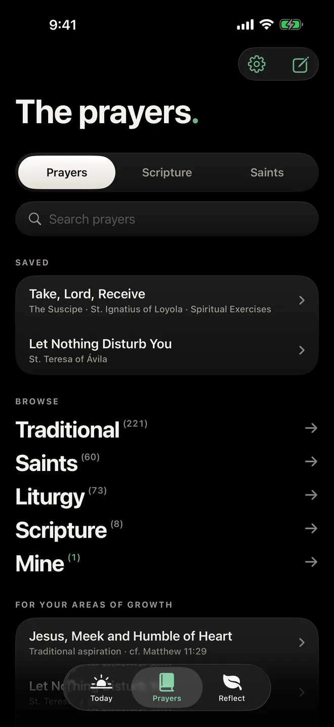 The prayers library: saved prayers, and browsing by Traditional, Saints, Liturgy, Scripture, and Mine.
